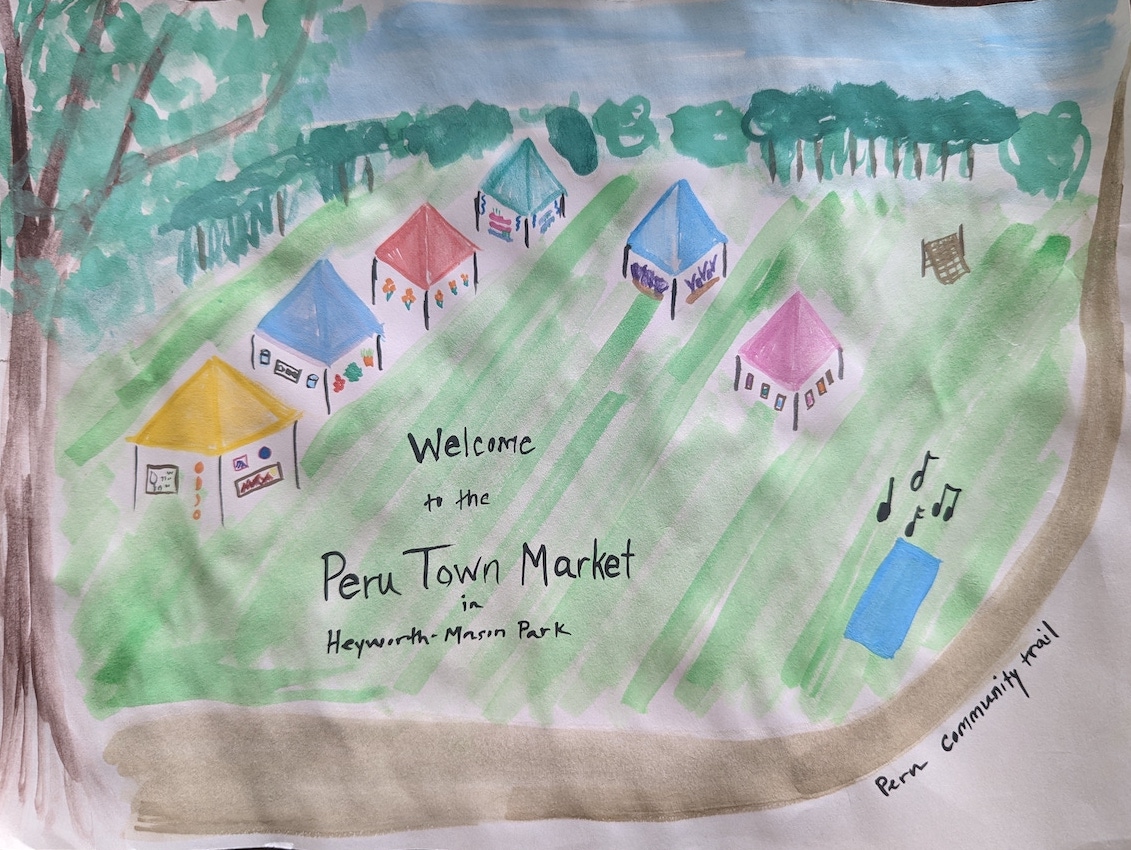 Water painting of Peru Town Market featuring the beautiful heyworth mason park in background to bright colored tents decorated in wares like flowers, woodwork, and paintings